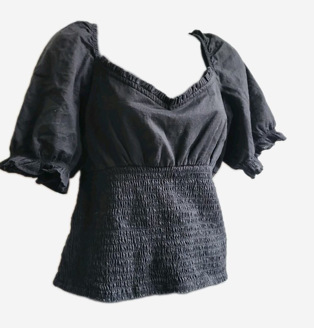 Abercrombie & Fitch XL Smocked Puff Sleeve Top Black Ruffle Sweetheart Neck Boho